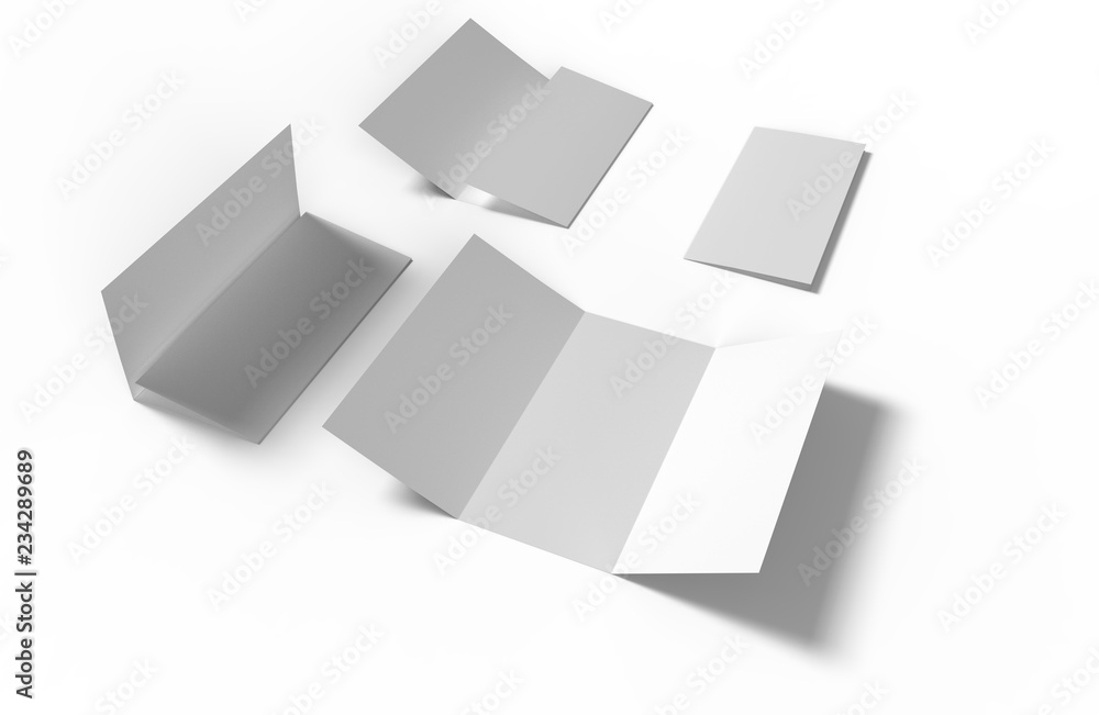 Set of four blank paper trifold leaflet mockups on white background with shadows. Different state. Photorealistic 3D illustration Set of four blank paper trifold leaflet mockups on white background with shadows. Different state. Photorealistic 3D illustration