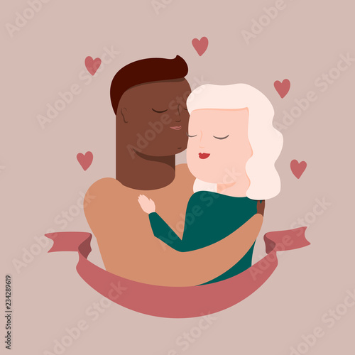 vector illustration of interracial couple in tender hugs