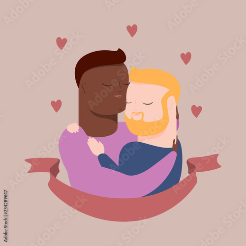 vector illustration of interracial male homosexual couple in tender hugs