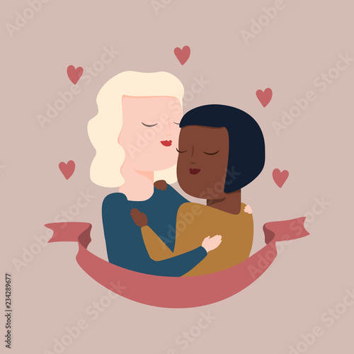 vector illustration of interracial female homosexual couple in tender hugs