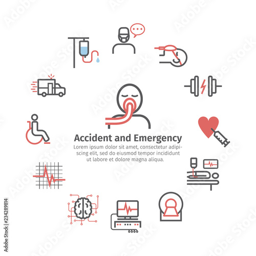 Accident and emergency line icons. Round banner. Clinic signs. Life support. Vector signs for web graphics.