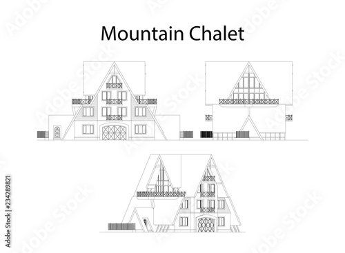 Mountain chalet facade and section, detailed architectural technical drawing, vector blueprint