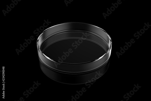 Transparent glass petri dishes on black background with ground reflections. 3D rendering