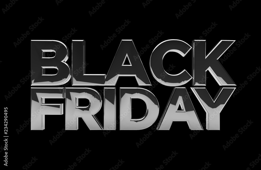 Metallic gloss isolated Black Friday sign on black background. 3D rendering
