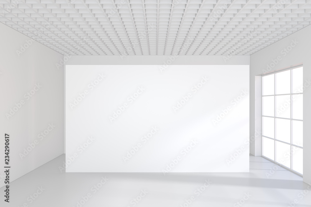 Fototapeta premium Empty white billboard in a big bright room. 3D rendering.