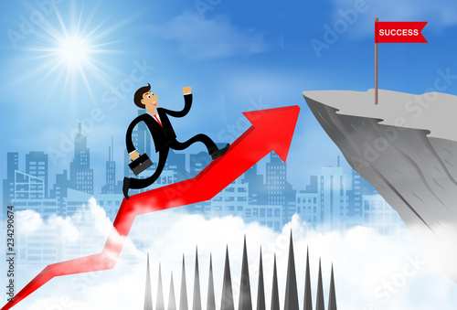 Businessman running on a arrow go to flag red on cliff obstacle. go to goal and business finance success. challenge and overcome problem. leadership. creative idea. cartoon vector illustration