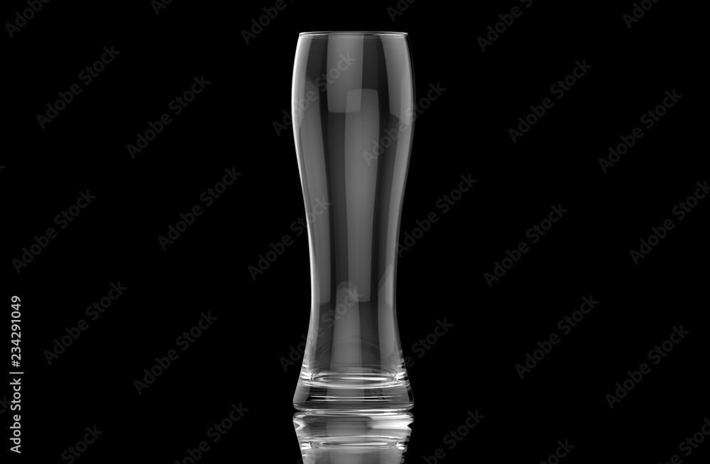 Isolated transparent empty beer glass on black background with ground reflections. 3D rendering Isolated transparent empty beer glass on black background with ground reflections. 3D rendering
