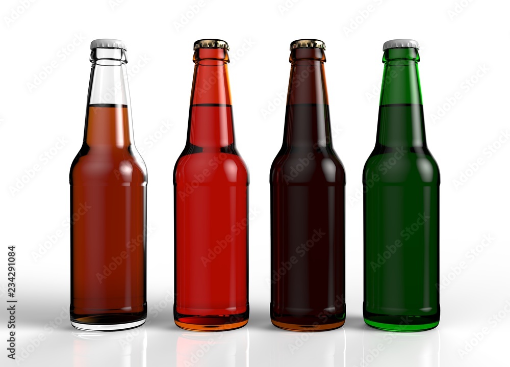 Four isolated different colorful beer bottles with caps on white background with floor reflections. 3d rendering Four isolated different colorful beer bottles with caps on white background with floor reflections. 3d rendering