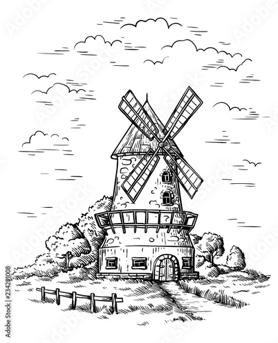 village near a wheat field and a windmill drawn by hand vector illustration
