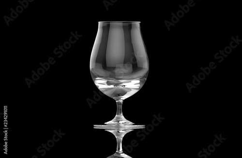 Empty clear transparent isolated beer glass on black background with ground reflections. 3D rendering