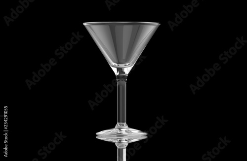 Empty clear transparent isolated cocktail martini glass on black background with ground reflections. 3D rendering