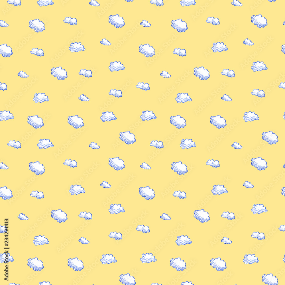 Doodle clouds pattern. Hand drawn colorful seamless background with cute clouds. Scandinavian style print. Doodle clouds pattern. Hand drawn colorful seamless background with cute clouds. Scandinavian style print.