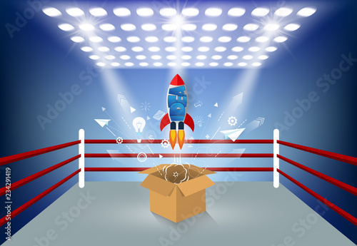 think outside the box. space shuttle ejected from the brown box on boxing ring surrounded by spotlight on a dark blue background. startup business concept. creative idea. cartoon vector illustration