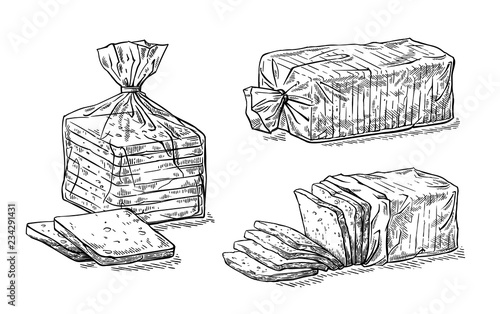 collection of natural elements of sliced toast bread and cellophane package sketch