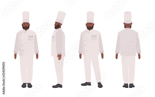 African American chef, qualified cook, restaurant or culinary worker wearing uniform. Male cartoon character isolated on white background. Front, side, back views. Vector illustration in flat style.