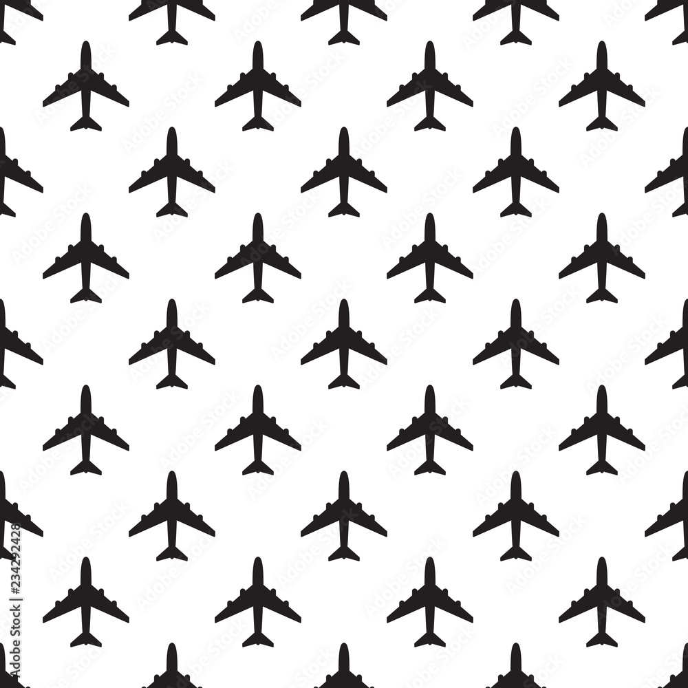 Vector seamless pattern of black airplane silhouettes.