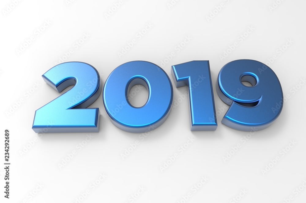 Blue metallic isolated numbers 2019 on white background. 3D rendering Blue metallic isolated numbers 2019 on white background. 3D rendering