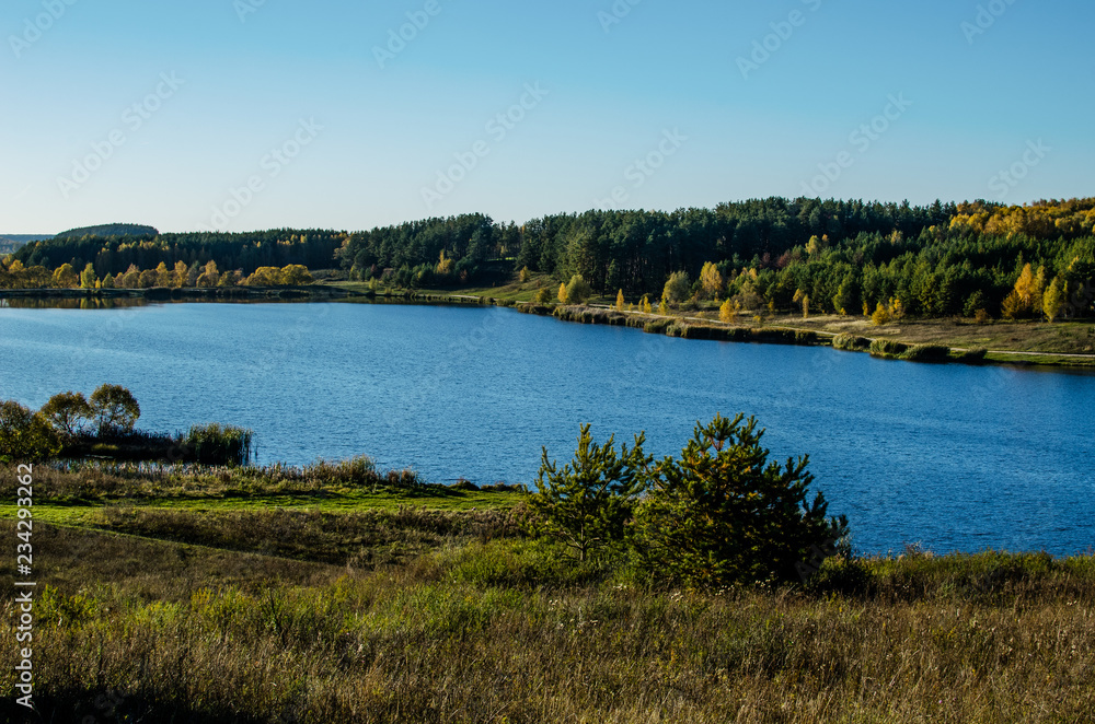 Landscape. Beautiful view of the lake with the forest. Small waves on the lake