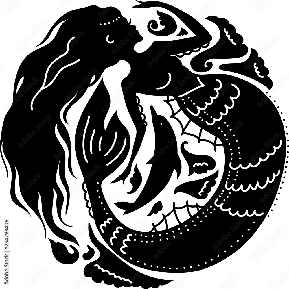 Fototapeta premium Silhouette mermaid with dolphin among waves. Isolated figure of girl from fairytale.