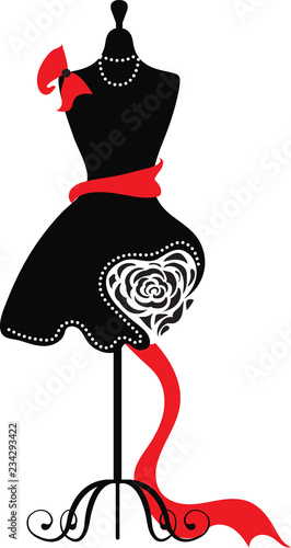 Elegant silhouette tailors dummy with a rose, bow and heart. Delicate flowers for background.