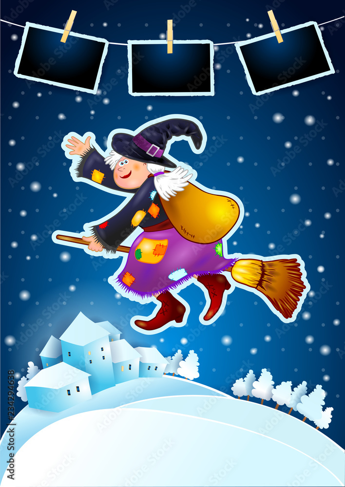 Old witch with snowy landscape and photo frames Old witch with snowy landscape and photo frames