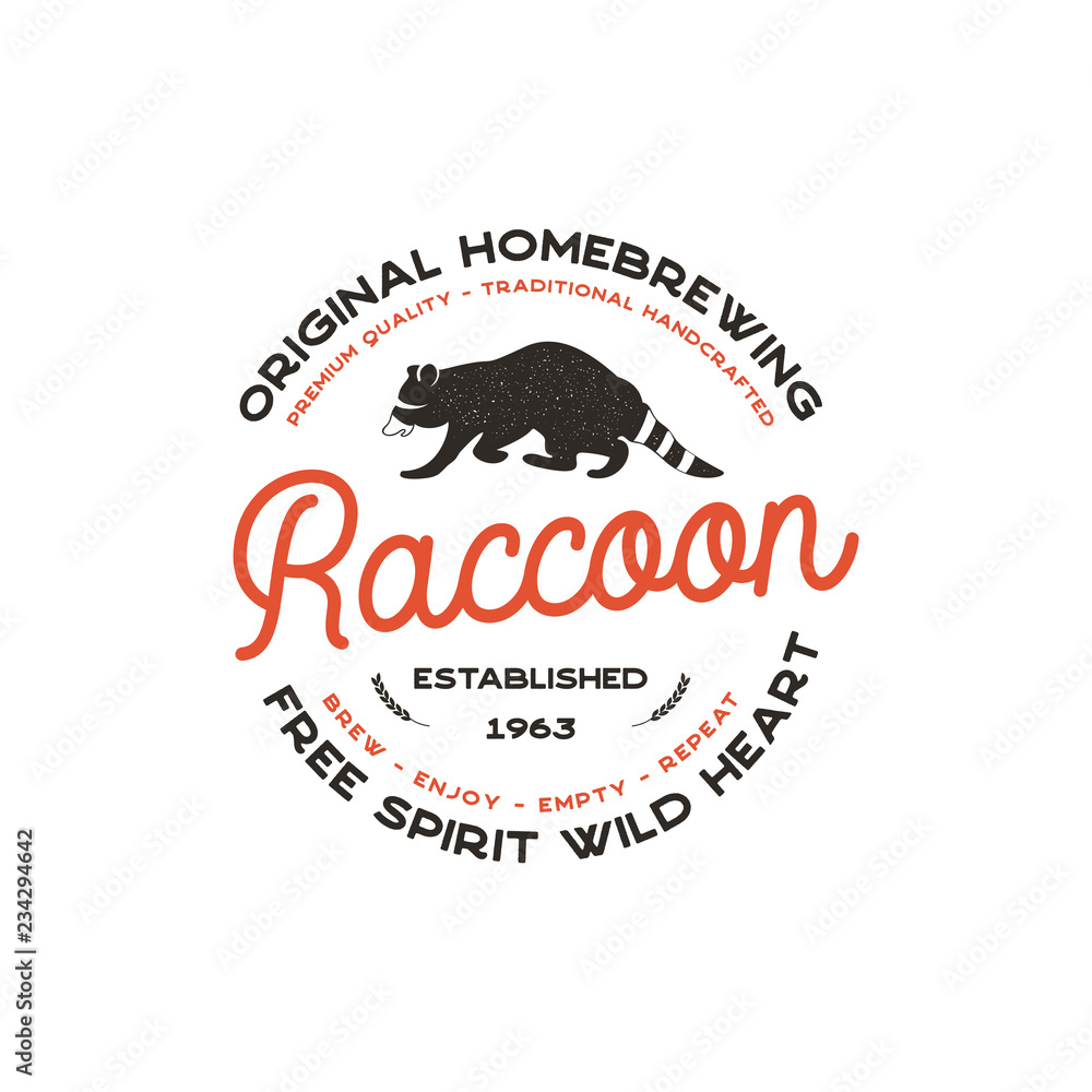 Wild animal badge with Raccoon and typography elements. Beer Logo template for brewing company. Stock beer house label, emblem with letterpress effect. Isolated on white