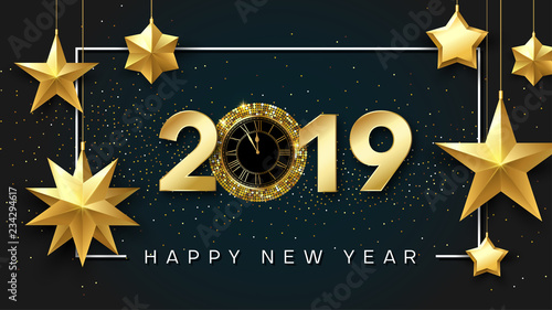 Happy New Year 2019 shiny poster with golden clock and stars.