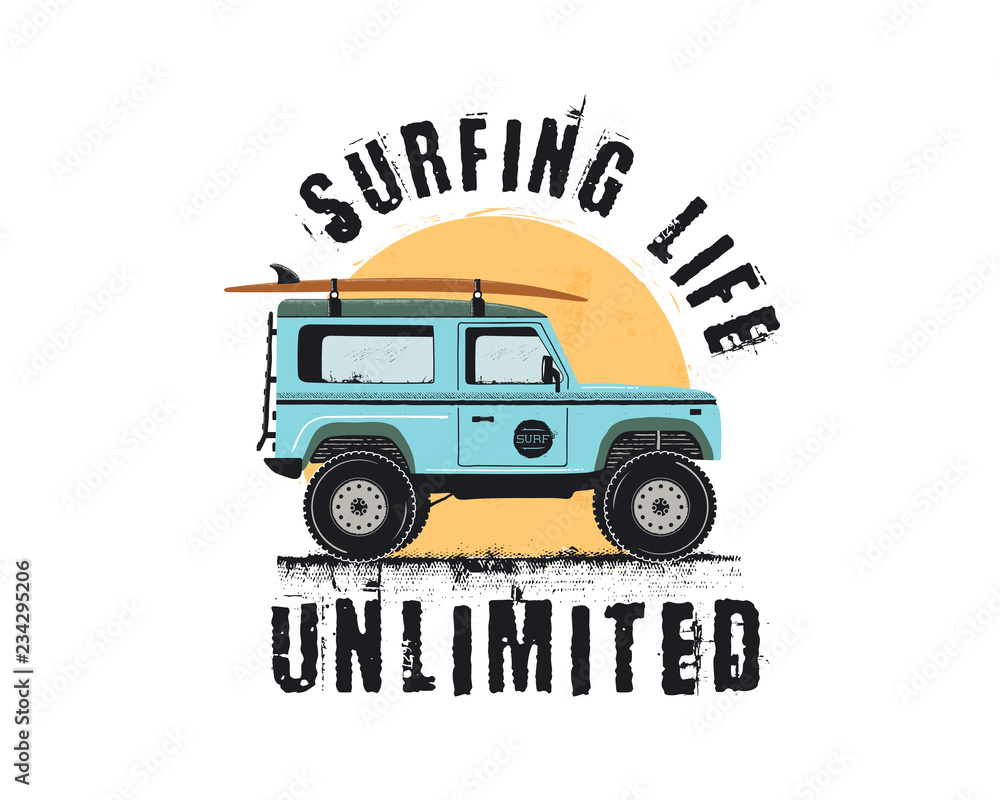 Vintage Surf Emblem with retro woodie car. Surfing Life Unlimited typography. Included surfboards, road and sun symbols. Good for T-Shirt, mugs. Stock isolated on white background