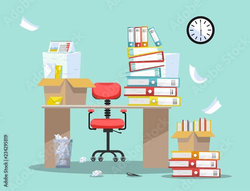 Period of accountants and financier reports submission. Office chair behind table with piles of paper documents and file folders in cardboard boxes on office table. Flat cartoon vector illustration