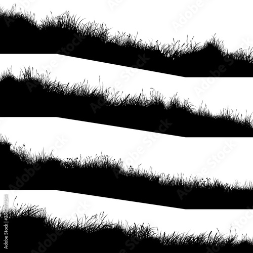 Horizontal banners of silhouettes wavy meadow on slope side.
