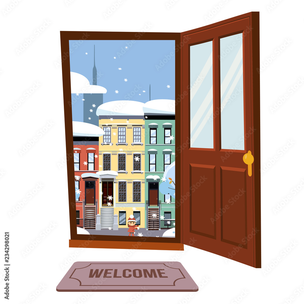 Open Door Into Autumn Rain City Day Sunny View With Yellow Trees Door Mat  In Room Flat Cartoon Textured Bown Vector Illustration Threefourstory  Uneven Colorful Houses Street Cityscape Stock Illustration - Download Image  Now - iStock