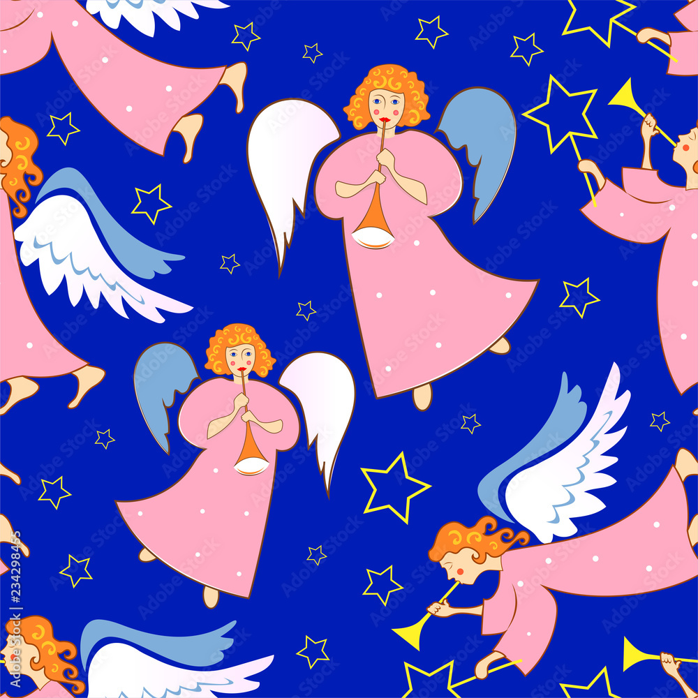 Angels. Christmas festive seamless pattern for packaging, wrappers, holidays, fabrics and light industry. Vector image. Angels. Christmas festive seamless pattern for packaging, wrappers, holidays, fabrics and light industry. Vector image.