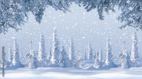 cartoon winter background with snow covered firs in snowfall