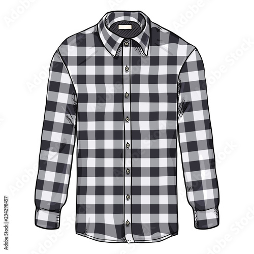 Vector Cartoon Long Sleeve Black and White Checkered Casual Men Shirt
