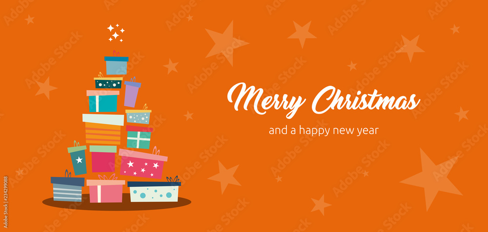 Weihnachten: Grußkarte mit Sternen und Geschenken und Merry Christmas Typography