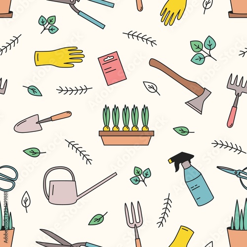 Colorful seamless pattern with gardening tools for plants cultivation on whit...