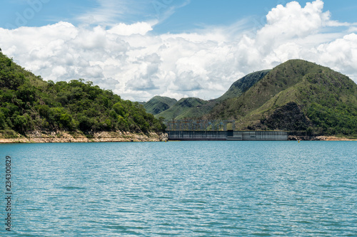 View from behind the floodgates of an electric power dam.