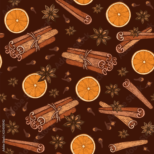 Seamless pattern with spices cinnamon, cloves, badyan, orange.