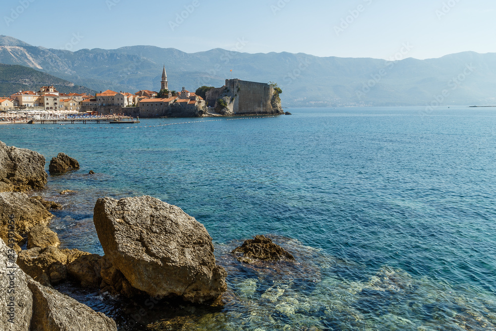 View of the city of Budva in Montenegro in the morning from the shore