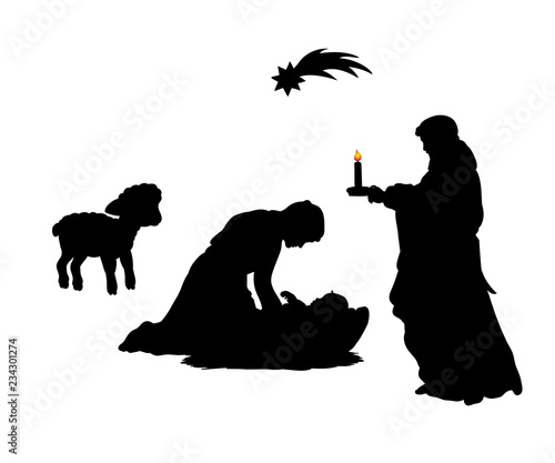 Silhouette Christmas family father Joseph mom Maria with baby Jesus and lamb.  Vector illustration