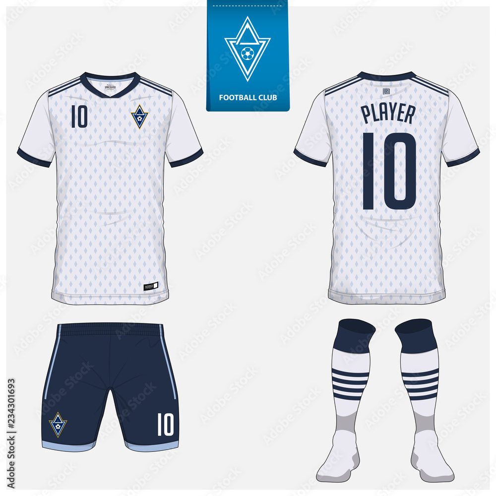 Naklejka premium Soccer jersey or football kit, shorts, sock, template design for soccer club. Sport t-shirt mock up. Front and back view soccer uniform. Flat football logo design on blue label. Vector Illustration.
