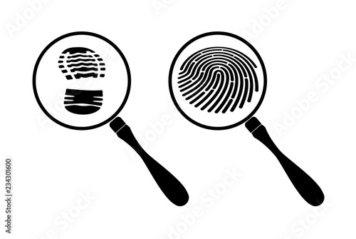Detective magnifier icons with fingerprint inside.