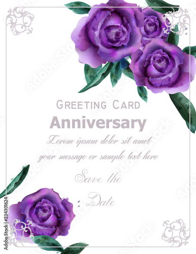 Purple roses flowers watercolor Vector. Vintage greeting. Delicate floral fra...