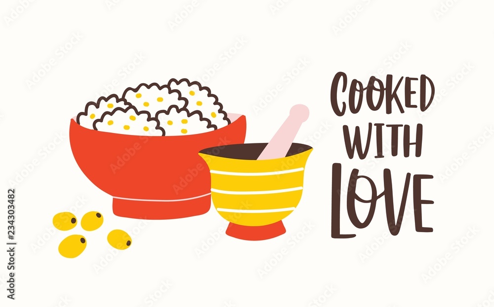 Φωτογραφία Horizontal banner template with mortar and pestle, bowl with tasty food and Cooked With Love slogan handwritten with cursive calligraphic font