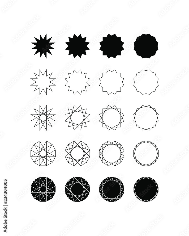 Set of fifteen different styles of twelve point star (Dodecagram) and Dodecagon. Set of fifteen different styles of twelve point star (Dodecagram) and Dodecagon.