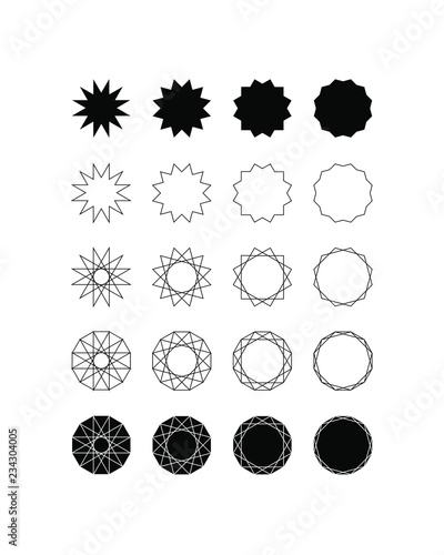 Set of fifteen different styles of twelve point star (Dodecagram) and Dodecagon. photo