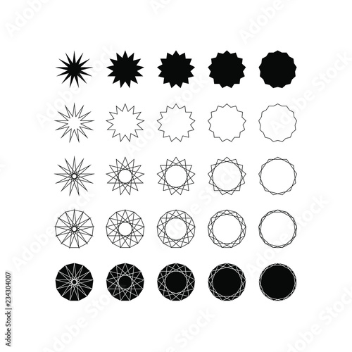 Set of twenty five different styles of thirteen point star (tridecagram) and  tridecagon