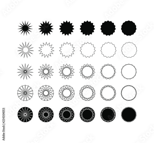 Set of thirty different styles of fifteen point star (pentadecagram) and  pentadecagon.