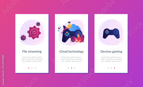 Two gamers playing computer connected with joystick. Gaming on demand, video and file streaming, cloud technology, various devices gaming concept, violet palette. UI UX GUI app interface template.