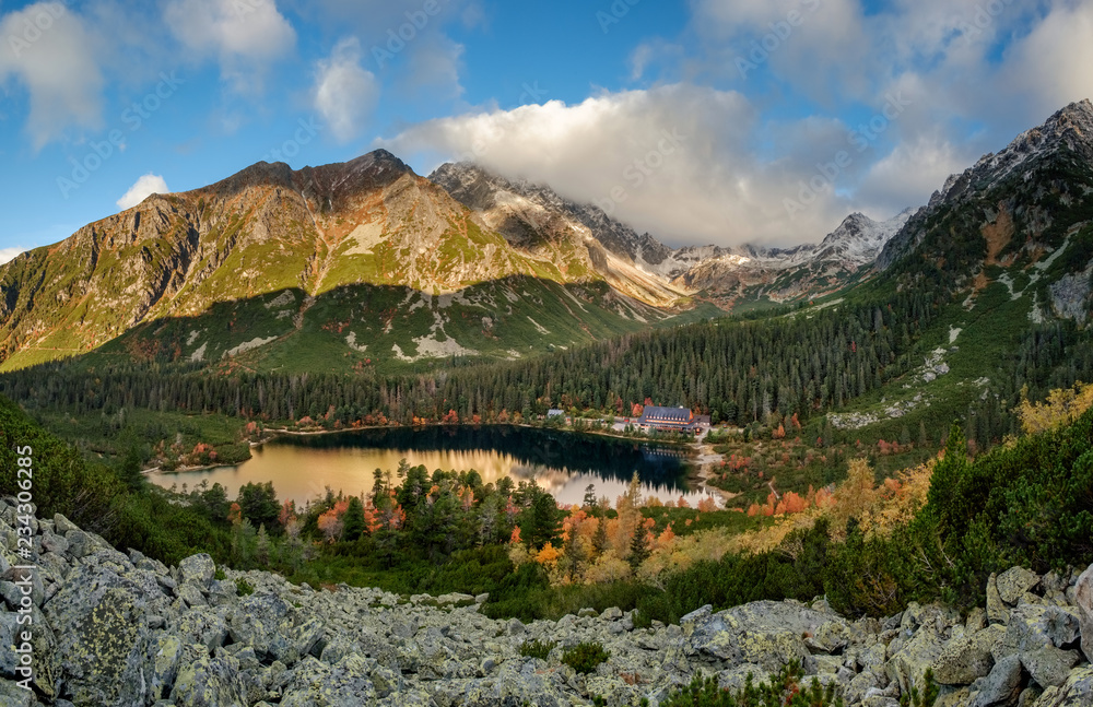 Autumn mountain and Popradske pleso lake in High Tatras, Slovakia